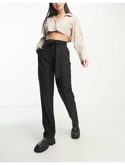 Pieces Tall paperbag waist straight pants in black