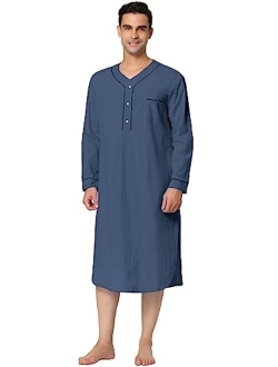 Lars Amadeus Men's Nightshirt Cotton Sleep Shirt Long Sleeves Henley Nightgown Sleepwear