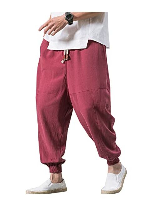 LifeHe Men's Hip Hop Harem Pants Joggers Linen Drawstring Elastic Waist Baggy Drop Crotch Sweatpants Trousers