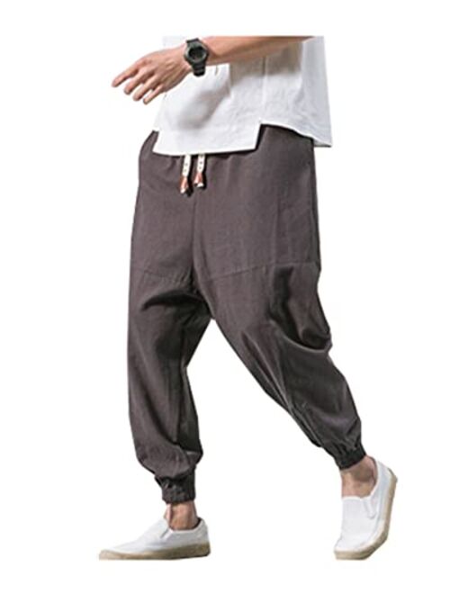 LifeHe Men's Hip Hop Harem Pants Joggers Linen Drawstring Elastic Waist Baggy Drop Crotch Sweatpants Trousers