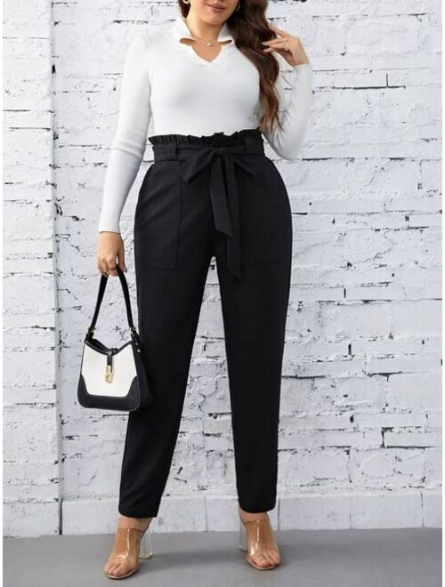 SHEIN Priv Plus Paperbag Waist Belted Pants