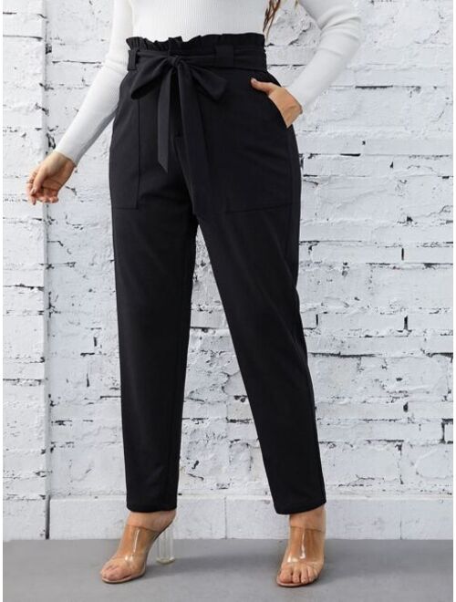 SHEIN Priv Plus Paperbag Waist Belted Pants