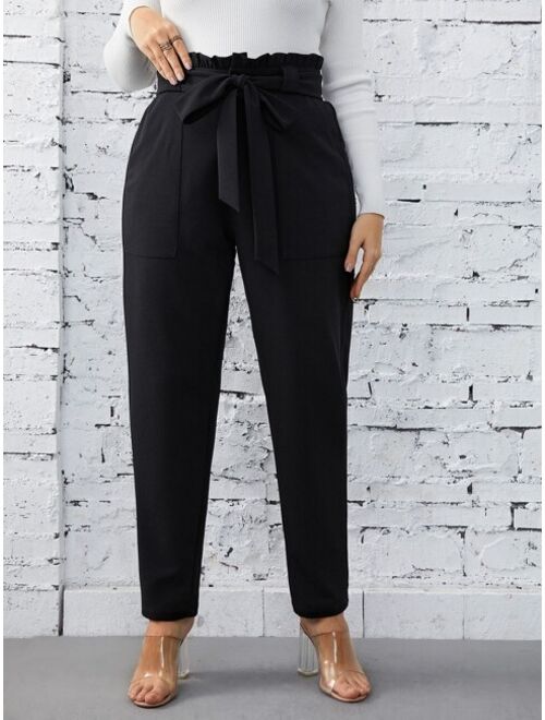 SHEIN Priv Plus Paperbag Waist Belted Pants