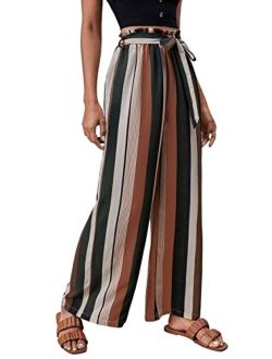 Women's Striped High Waisted Wide Leg Belted Pants Loose Fit Paper Bag Trousers