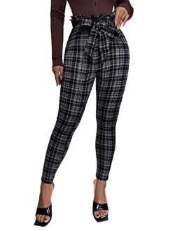 Women's Plaid Paperbag Waist Tie Front Stretch Belted Skinny Pants