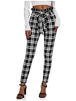 Women's Plaid Paperbag Waist Tie Front Stretch Belted Skinny Pants