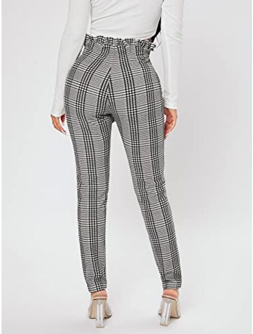 WDIRARA Women's Plaid Paperbag Waist Tie Front Stretch Belted Skinny Pants