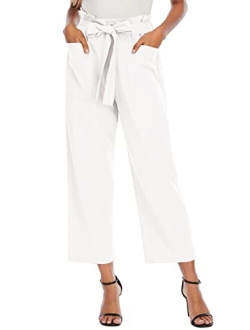 Febriajuce Women's Cropped Paper Bag Waist Pants with Pockets Belted Casual Work Pants Wide Leg Palazzo Trousers