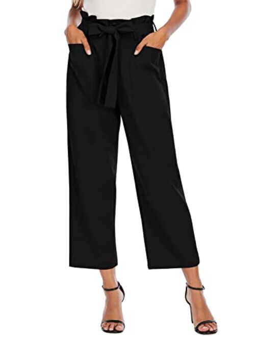 Febriajuce Women's Cropped Paper Bag Waist Pants with Pockets Belted Casual Work Pants Wide Leg Palazzo Trousers