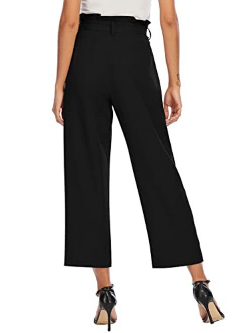 Febriajuce Women's Cropped Paper Bag Waist Pants with Pockets Belted Casual Work Pants Wide Leg Palazzo Trousers