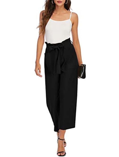 Febriajuce Women's Cropped Paper Bag Waist Pants with Pockets Belted Casual Work Pants Wide Leg Palazzo Trousers