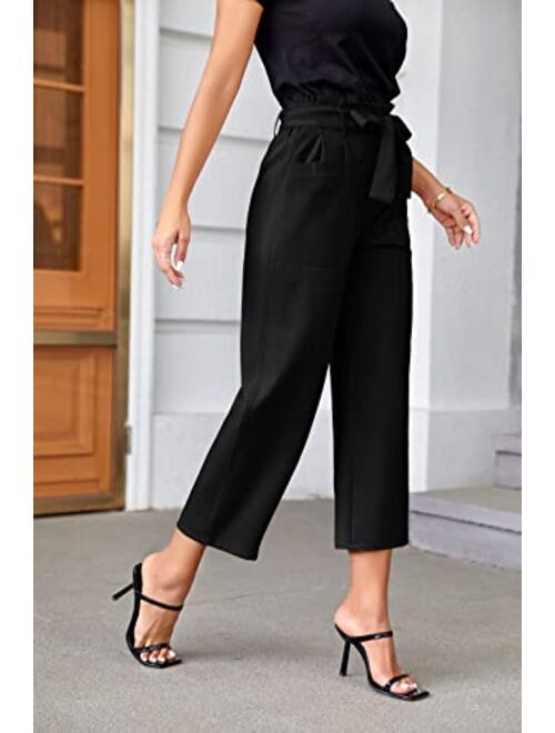 Febriajuce Women's Cropped Paper Bag Waist Pants with Pockets Belted Casual Work Pants Wide Leg Palazzo Trousers