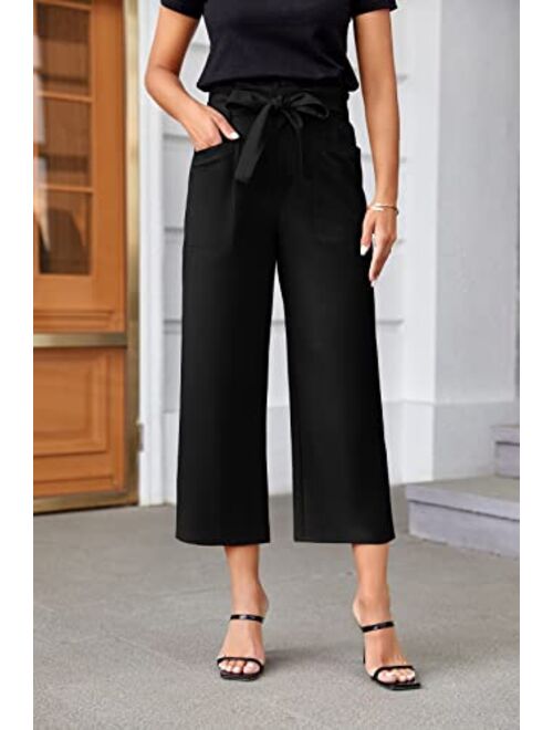 Febriajuce Women's Cropped Paper Bag Waist Pants with Pockets Belted Casual Work Pants Wide Leg Palazzo Trousers