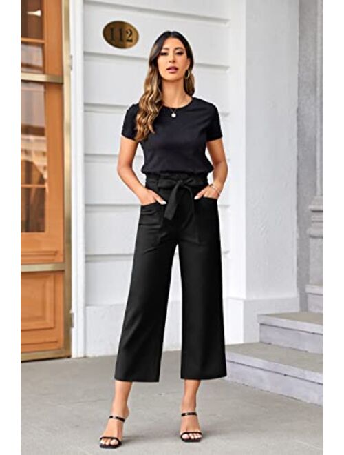 Febriajuce Women's Cropped Paper Bag Waist Pants with Pockets Belted Casual Work Pants Wide Leg Palazzo Trousers