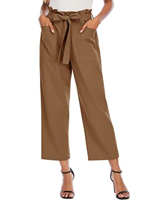 Febriajuce Women's Cropped Paper Bag Waist Pants with Pockets Belted Casual Work Pants Wide Leg Palazzo Trousers