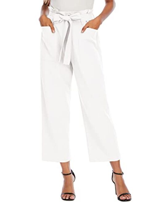 Febriajuce Women's Cropped Paper Bag Waist Pants with Pockets Belted Casual Work Pants Wide Leg Palazzo Trousers