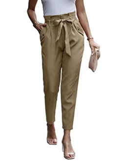 Women's Casual Long Pants High Waist Belted Paper Bag Work Pant Trousers with Pockets