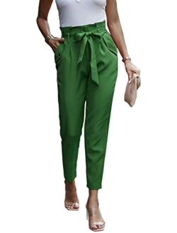Women's Casual Long Pants High Waist Belted Paper Bag Work Pant Trousers with Pockets