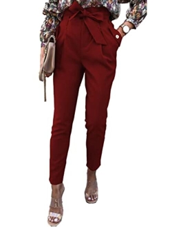 Women's Casual Long Pants High Waist Belted Paper Bag Work Pant Trousers with Pockets