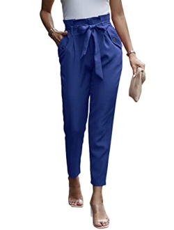 Women's Casual Long Pants High Waist Belted Paper Bag Work Pant Trousers with Pockets