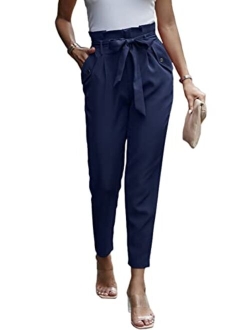 Women's Casual Long Pants High Waist Belted Paper Bag Work Pant Trousers with Pockets