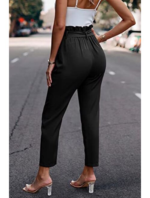 PRETTYGARDEN Women's Casual Long Pants High Waist Belted Paper Bag Work Pant Trousers with Pockets