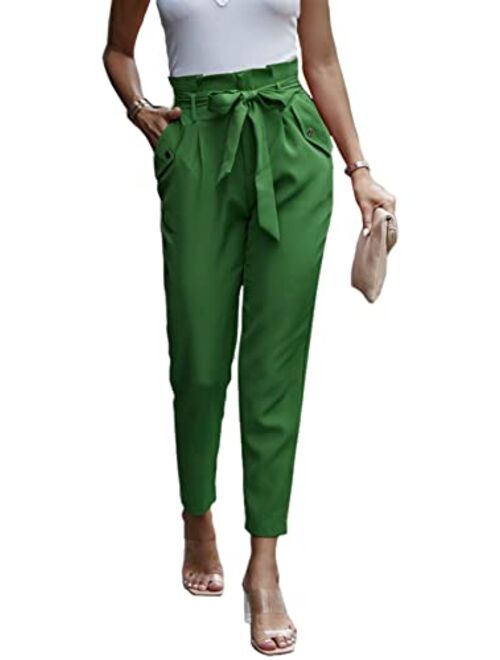 PRETTYGARDEN Women's Casual Long Pants High Waist Belted Paper Bag Work Pant Trousers with Pockets