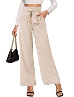 LilyCoco Wide Leg Pants for Women High Waist Dressy Bow Tie Pant Work Business Casual Trousers with Pockets