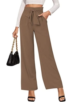 LilyCoco Wide Leg Pants for Women High Waist Dressy Bow Tie Pant Work Business Casual Trousers with Pockets