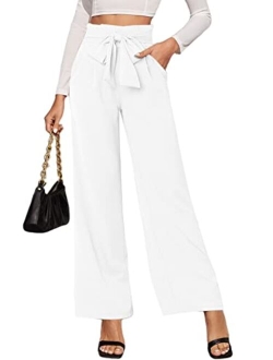 LilyCoco Wide Leg Pants for Women High Waist Dressy Bow Tie Pant Work Business Casual Trousers with Pockets