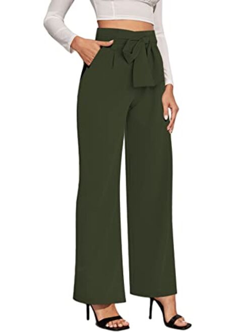 LilyCoco Wide Leg Pants for Women High Waist Dressy Bow Tie Pant Work Business Casual Trousers with Pockets