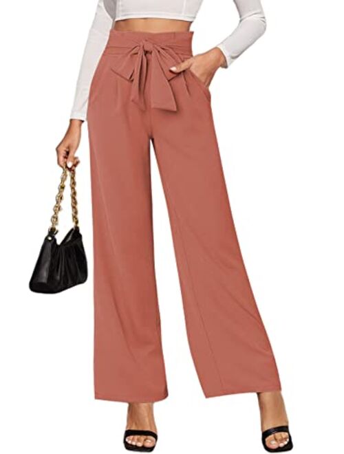 LilyCoco Wide Leg Pants for Women High Waist Dressy Bow Tie Pant Work Business Casual Trousers with Pockets