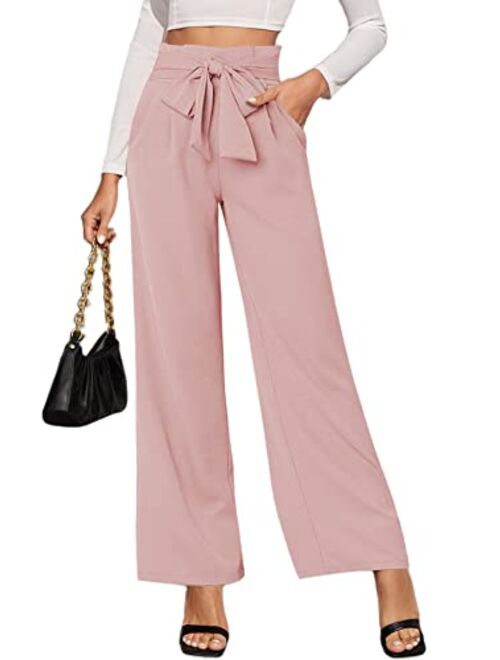 LilyCoco Wide Leg Pants for Women High Waist Dressy Bow Tie Pant Work Business Casual Trousers with Pockets