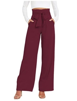 Hooever Women's High Waist Pants Casual Pockets Belted Wide Leg Palazzo Trousers