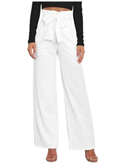 Hooever Women's High Waist Pants Casual Pockets Belted Wide Leg Palazzo Trousers