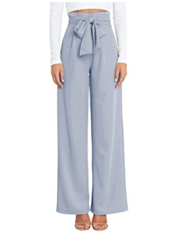 Hooever Women's High Waist Pants Casual Pockets Belted Wide Leg Palazzo Trousers