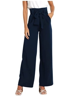 Hooever Women's High Waist Pants Casual Pockets Belted Wide Leg Palazzo Trousers