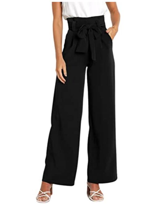 Hooever Women's High Waist Pants Casual Pockets Belted Wide Leg Palazzo Trousers