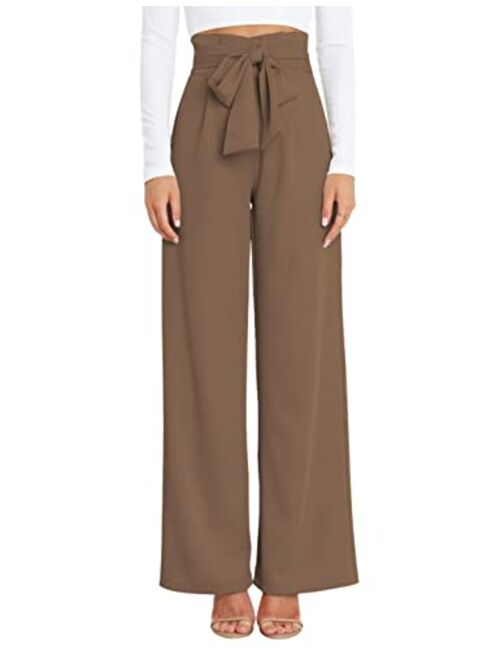 Hooever Women's High Waist Pants Casual Pockets Belted Wide Leg Palazzo Trousers