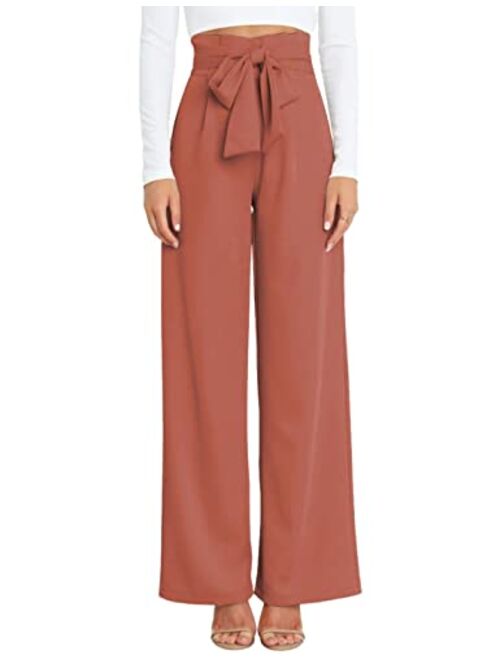 Hooever Women's High Waist Pants Casual Pockets Belted Wide Leg Palazzo Trousers