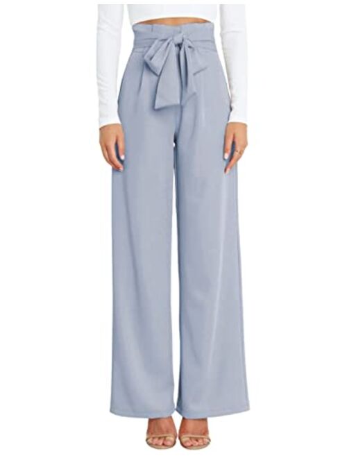 Hooever Women's High Waist Pants Casual Pockets Belted Wide Leg Palazzo Trousers