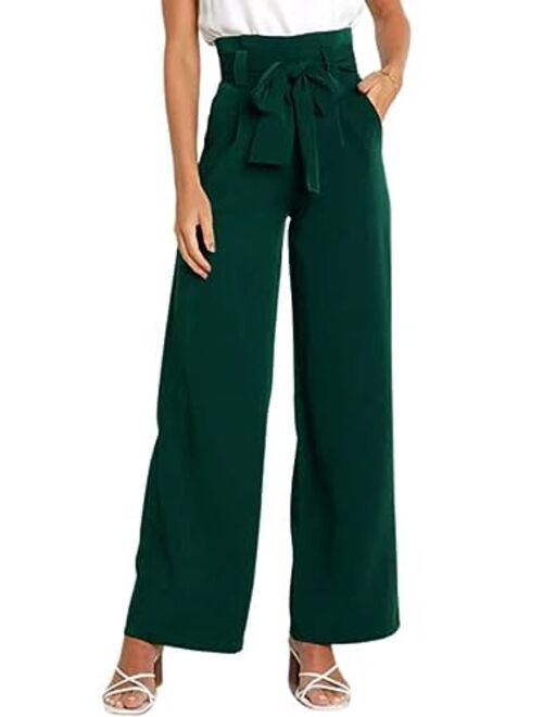 Hooever Women's High Waist Pants Casual Pockets Belted Wide Leg Palazzo Trousers