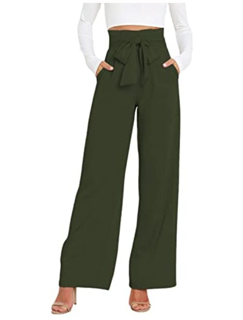 Hooever Women's High Waist Pants Casual Pockets Belted Wide Leg Palazzo Trousers