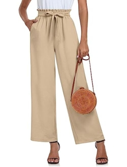 Findsweet Womens Wide Leg Pants Drawstring High Waist Loose Casual Pants Long Straight Belted Pants Trousers with Pockets