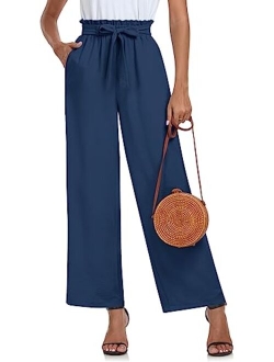 Findsweet Womens Wide Leg Pants Drawstring High Waist Loose Casual Pants Long Straight Belted Pants Trousers with Pockets