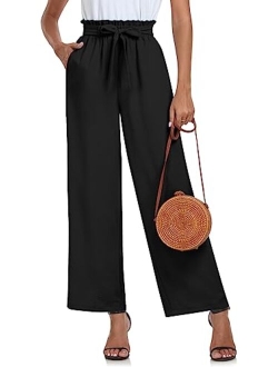 Findsweet Womens Wide Leg Pants Drawstring High Waist Loose Casual Pants Long Straight Belted Pants Trousers with Pockets