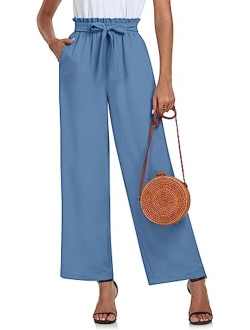 Findsweet Womens Wide Leg Pants Drawstring High Waist Loose Casual Pants Long Straight Belted Pants Trousers with Pockets