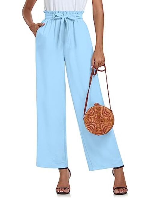 Findsweet Womens Wide Leg Pants Drawstring High Waist Loose Casual Pants Long Straight Belted Pants Trousers with Pockets