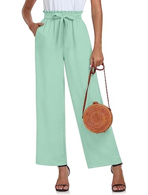 Findsweet Womens Wide Leg Pants Drawstring High Waist Loose Casual Pants Long Straight Belted Pants Trousers with Pockets