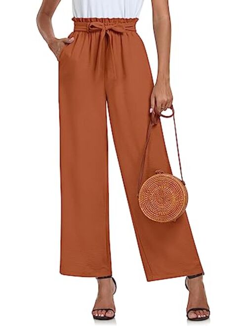 Findsweet Womens Wide Leg Pants Drawstring High Waist Loose Casual Pants Long Straight Belted Pants Trousers with Pockets